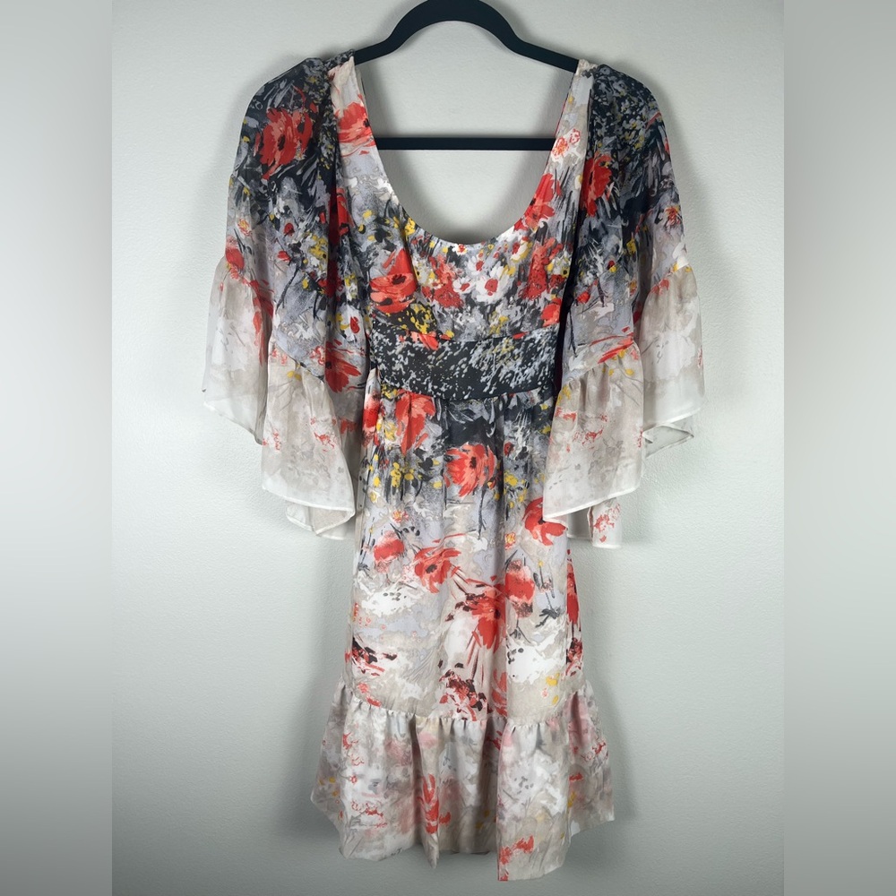 Betsey Johnson Dress Bell Sleeve Chiffon Babydoll Floral Cream & Orange Size 2